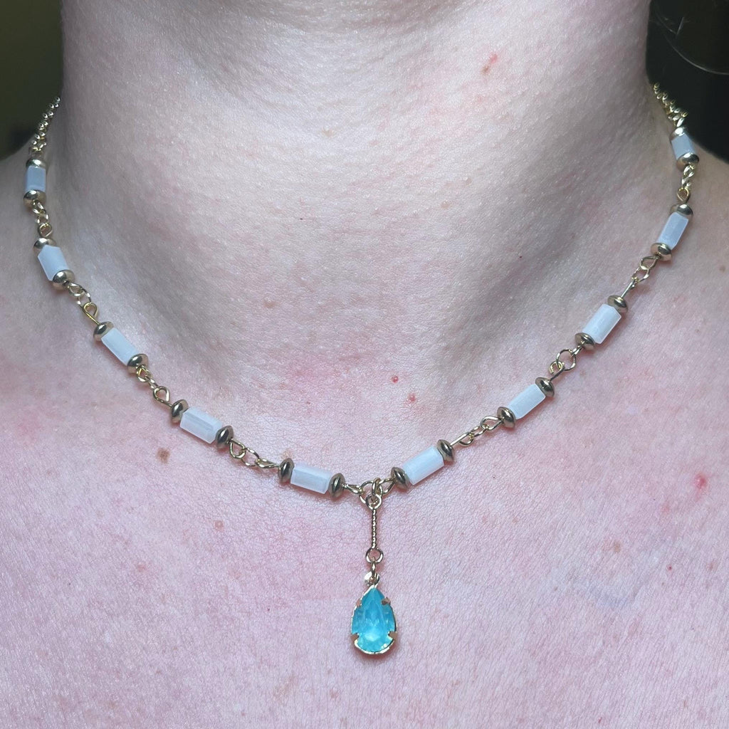 Mermaid Teardrop: White and Gold Beaded Necklace with Light Blue Jewel Pendant