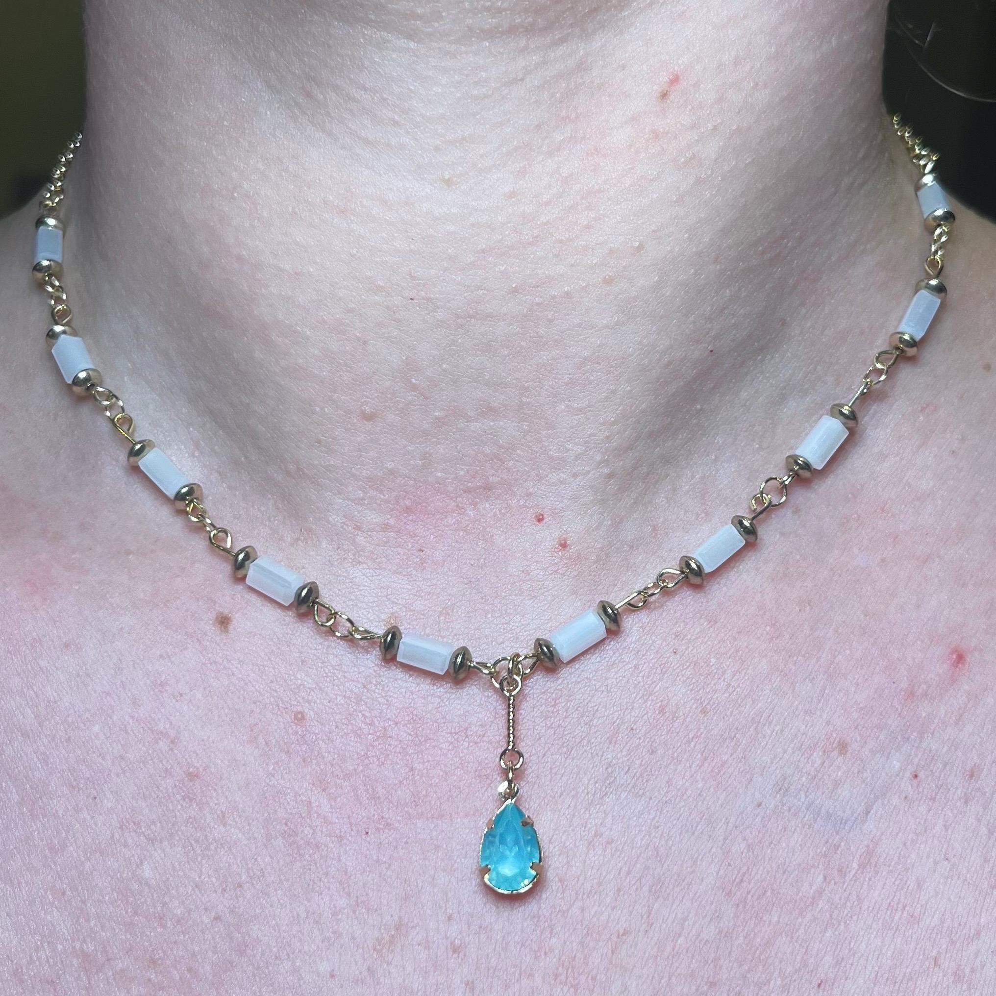 Mermaid Teardrop: White and Gold Beaded Necklace with Light Blue Jewel Pendant