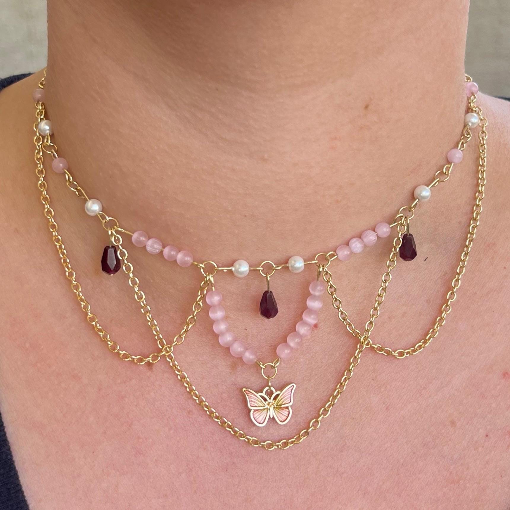 Monarch Melody: Butterfly Choker with Chain and Pink/Pearl Beading