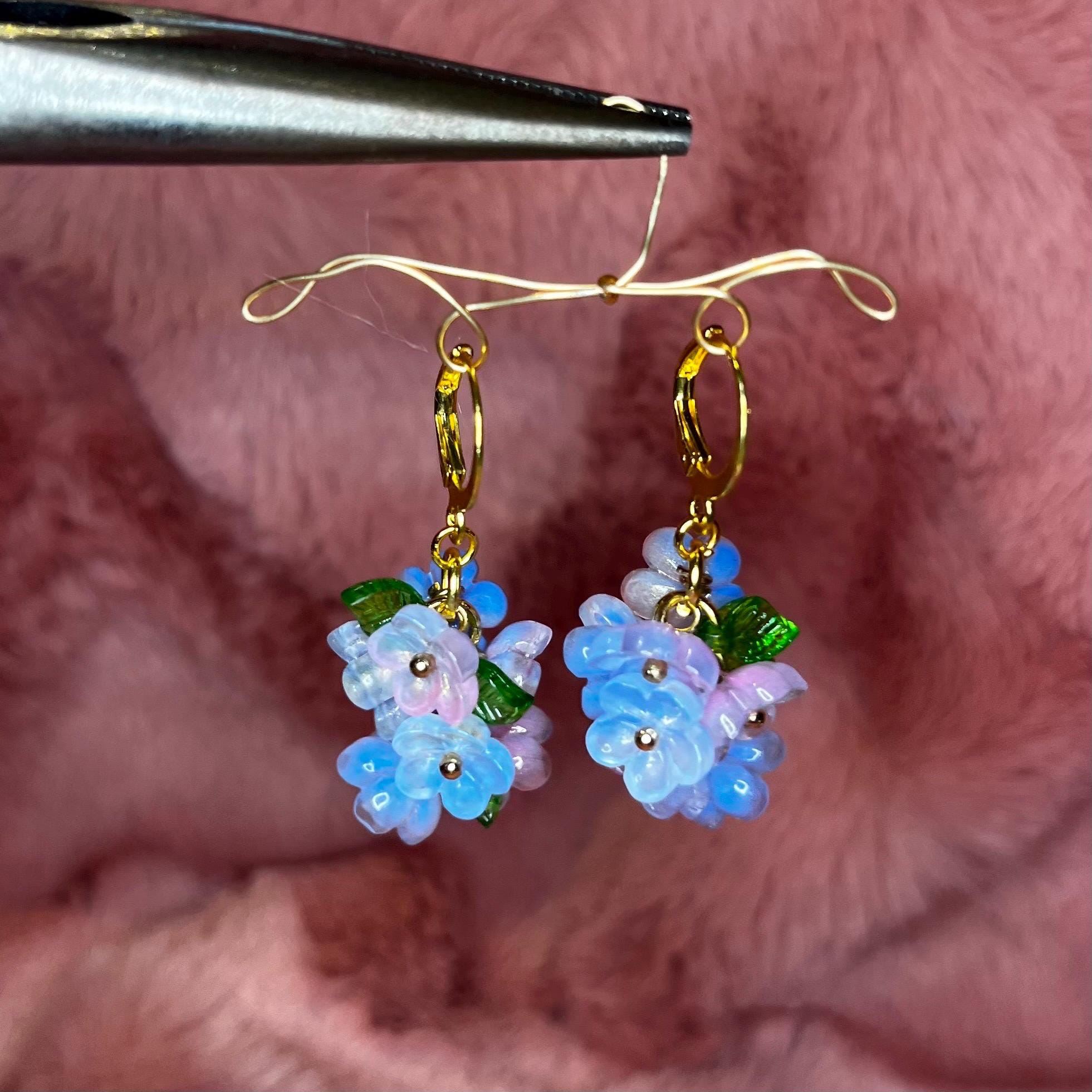Pixie Pedals Hoop Earrings: Blue and Purple Flower Cluster Dangle Hoop Earrings
