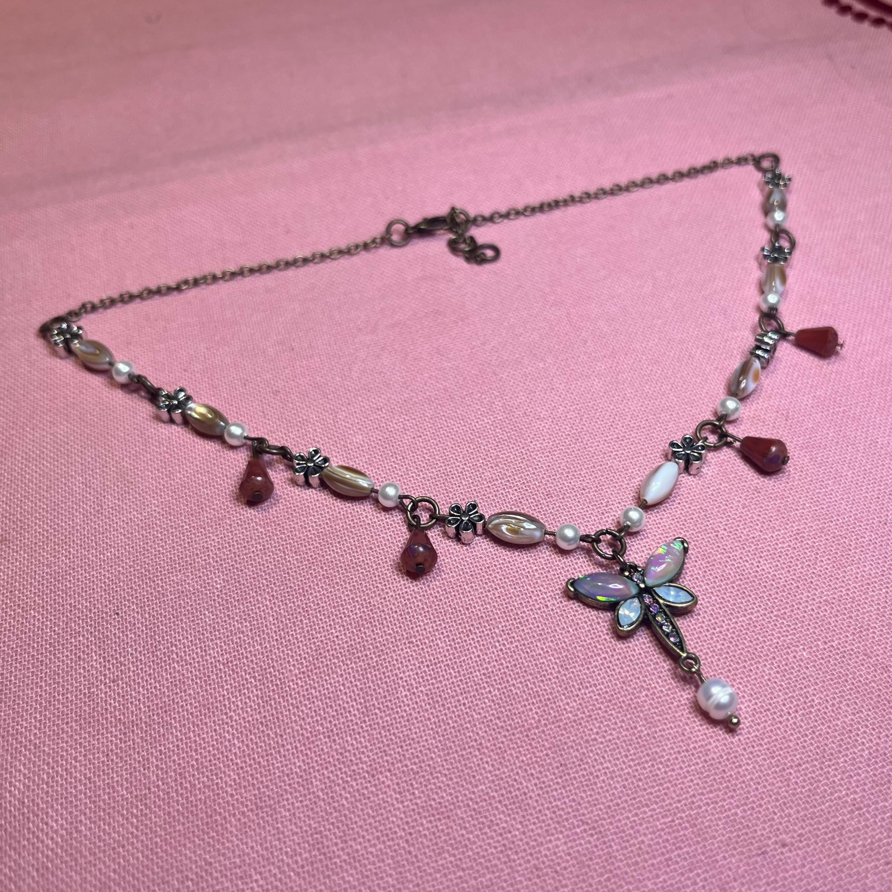 Winged Whisper: Opaline Dragonfly Necklace with Flower Beading