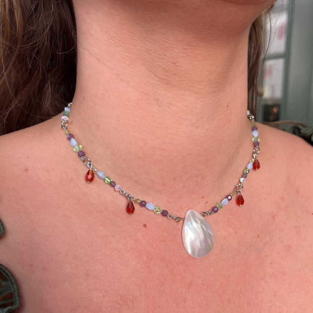 Ariel’s Treasure Pearl Necklace Mother of Pearl Necklace with Green and Purple Swarovski Beading