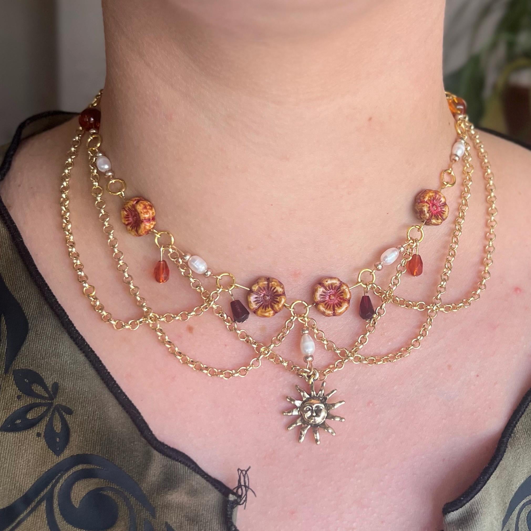 Amber Sol: Orange, Maroon, Sun Choker with Gold Chain