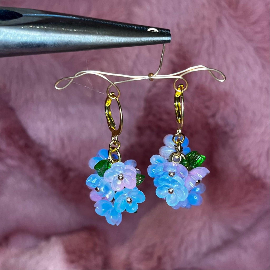 Pixie Pedals Hoop Earrings: Blue and Purple Flower Cluster Dangle Hoop Earrings
