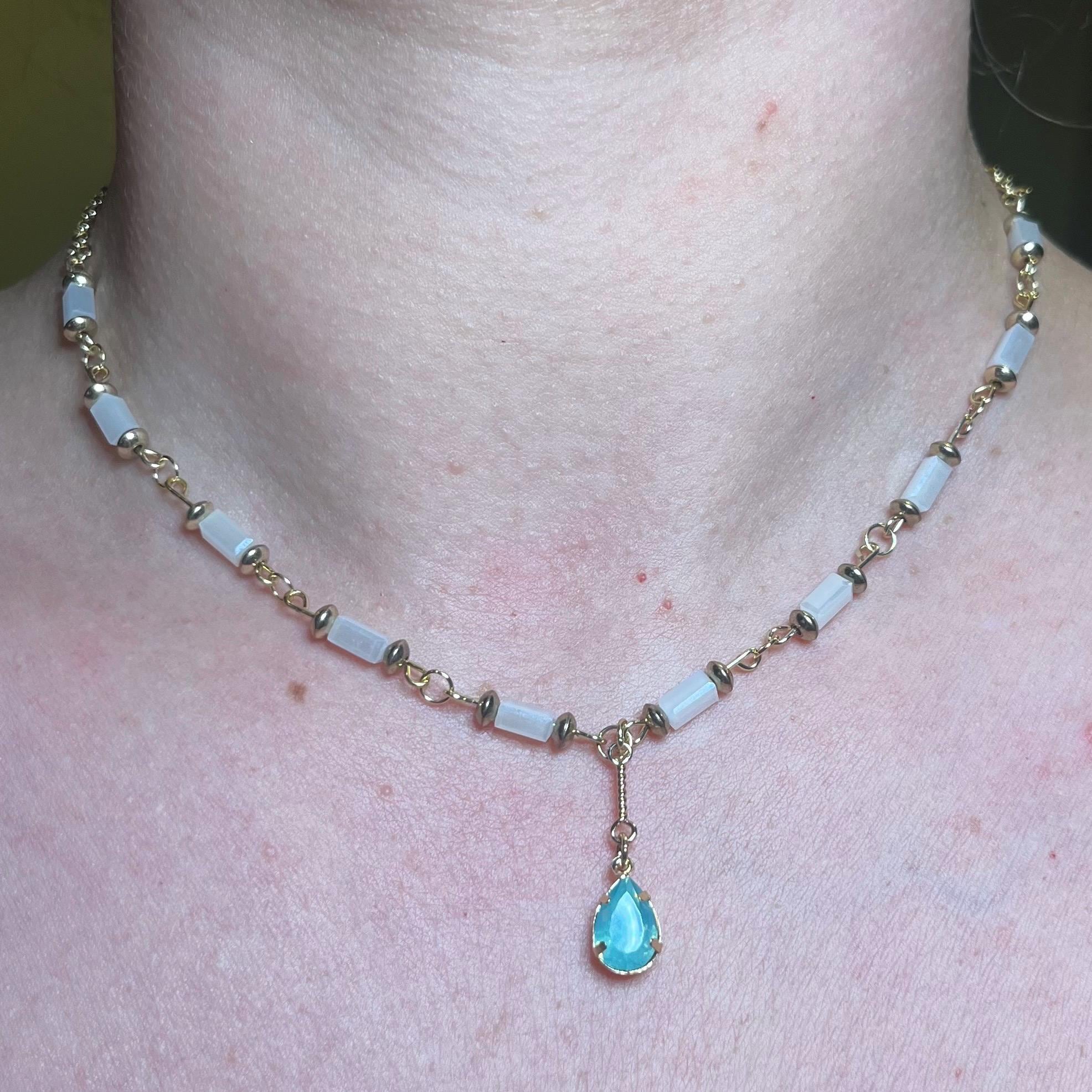 Mermaid Teardrop: White and Gold Beaded Necklace with Light Blue Jewel Pendant