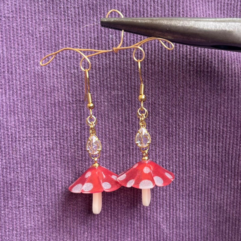 Toadstool Teardrop Earrings: Mushroom Dangle Earrings with Crystal Beading