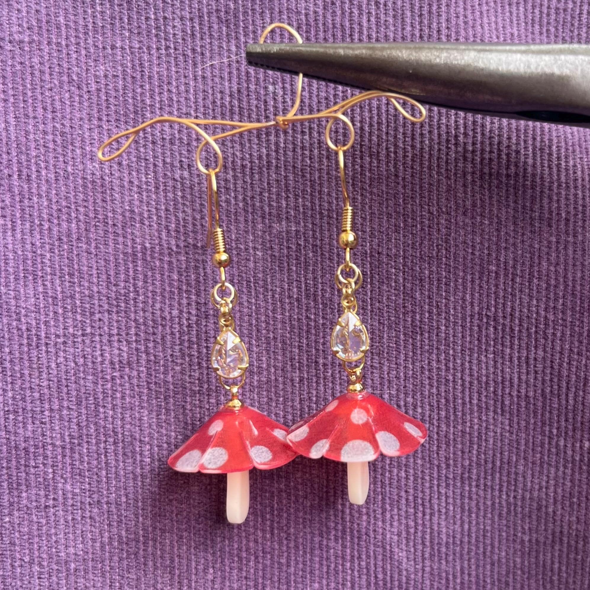 Toadstool Teardrop Earrings: Mushroom Dangle Earrings with Crystal Beading