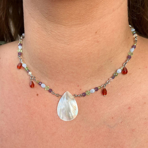 Ariel’s Treasure Pearl Necklace Mother of Pearl Necklace with Green and Purple Swarovski Beading