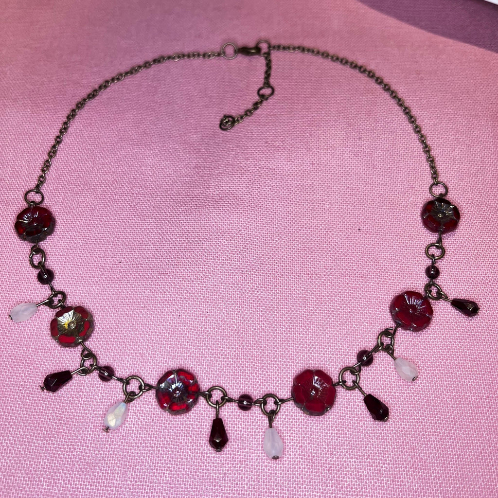 Red Flower Choker with White, Purple and Maroon beading