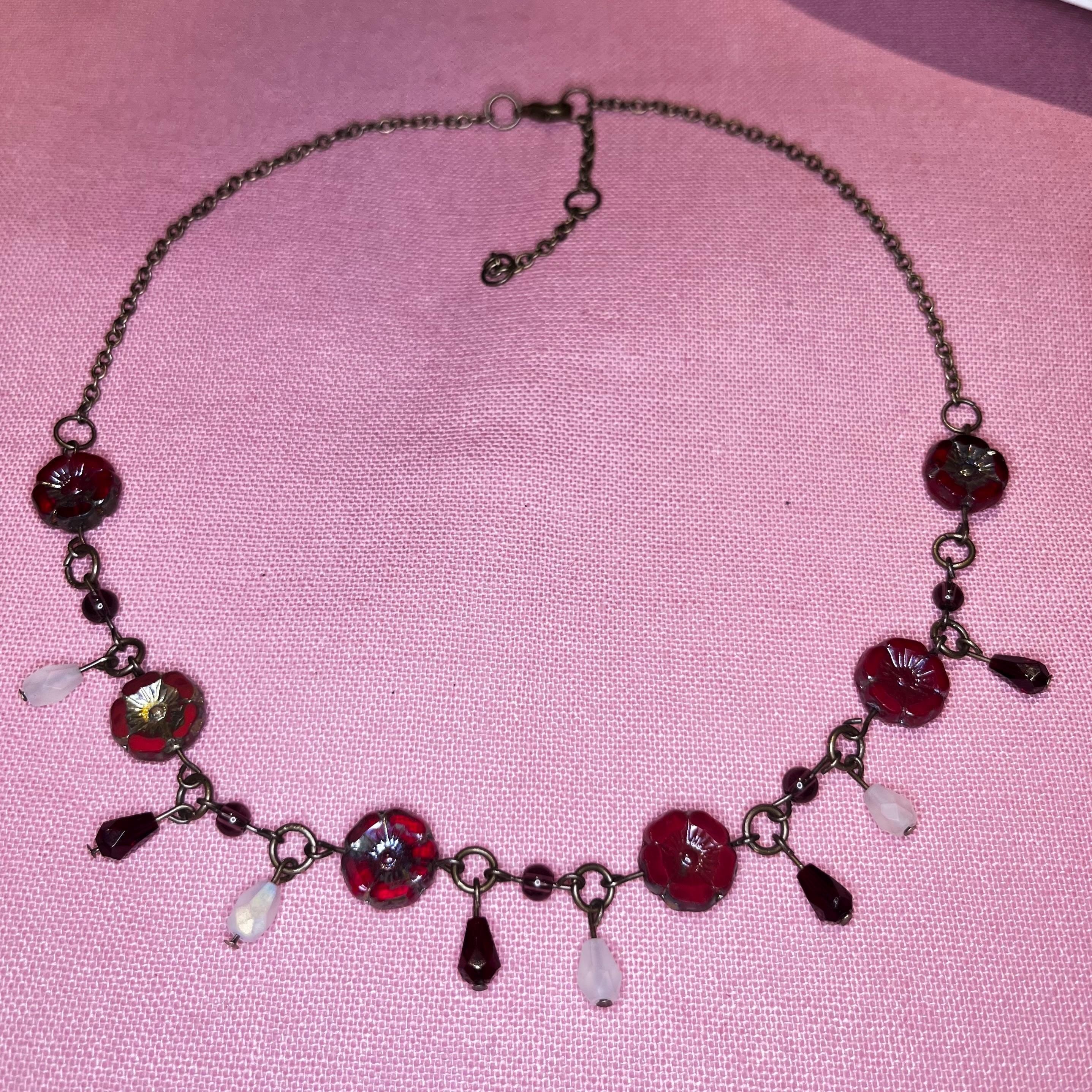 Red Flower Choker with White, Purple and Maroon beading