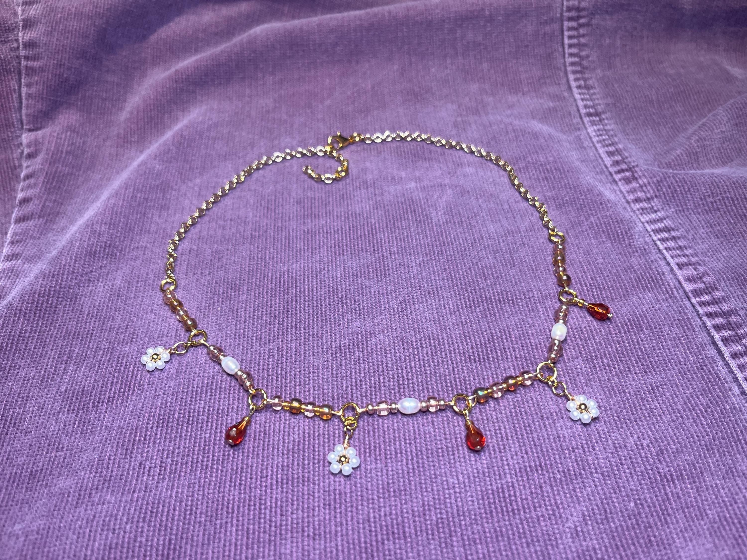 Sakura Fields Forever: Gold chain choker necklace with white flower beading