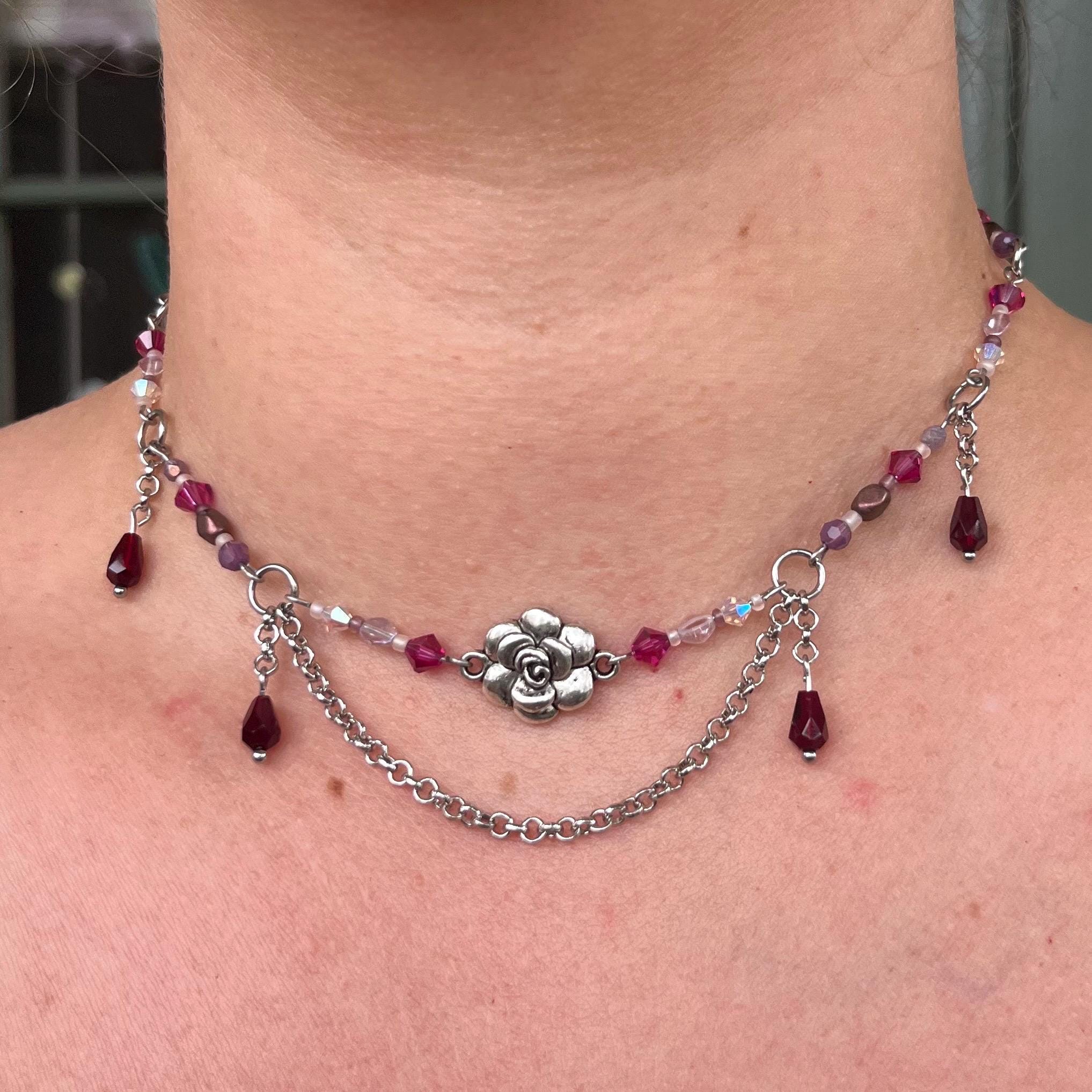 Fuchsia Fields: Pink/Fuchsia, Maroon, and Purple Beaded Choker Necklace with Silver Flower