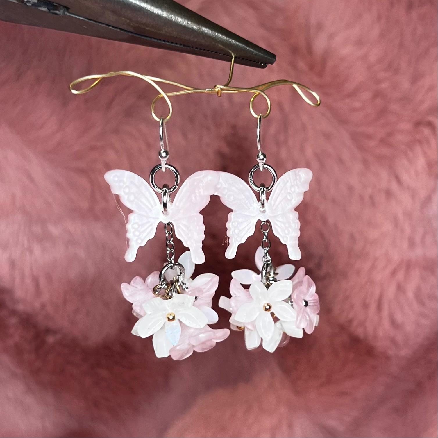 Butterfly Bloom Earrings: Pink Pastel Butterfly Earrings with Pink and White Flower Cluster