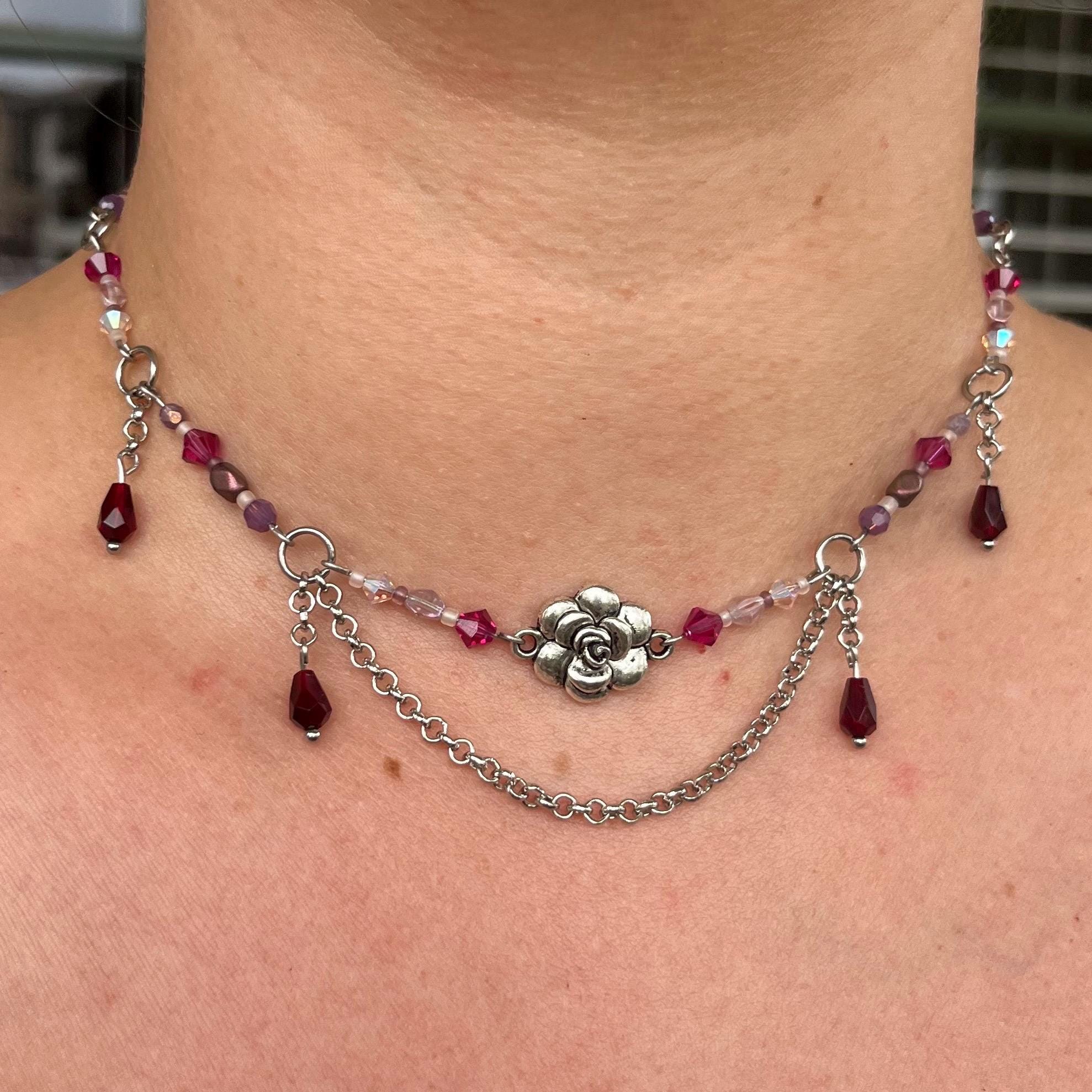 Fuchsia Fields: Pink/Fuchsia, Maroon, and Purple Beaded Choker Necklace with Silver Flower
