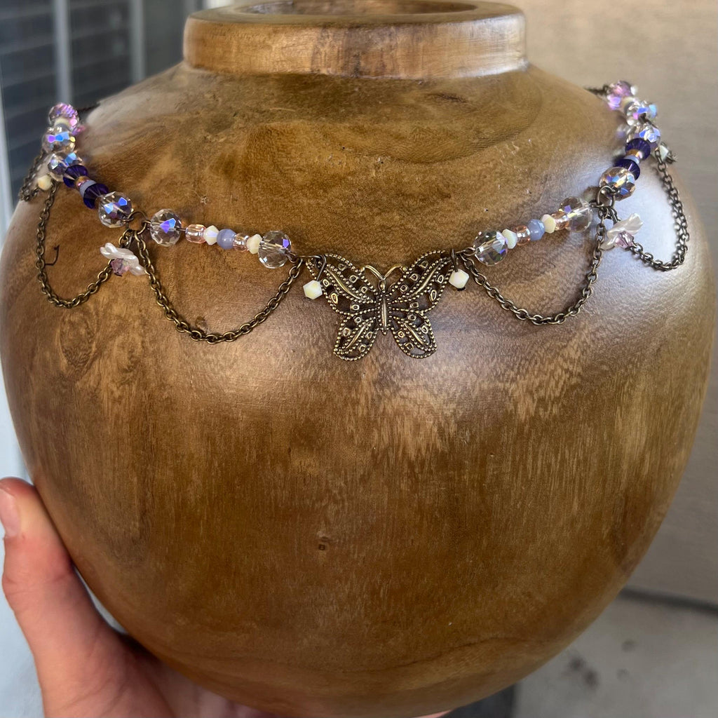 Purple Beaded Butterfly Pendant Choker Necklace