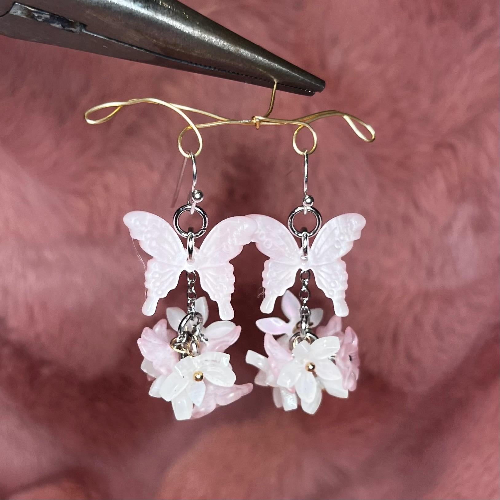 Butterfly Bloom Earrings: Pink Pastel Butterfly Earrings with Pink and White Flower Cluster