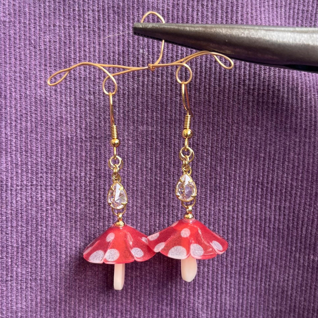 Toadstool Teardrop Earrings: Mushroom Dangle Earrings with Crystal Beading