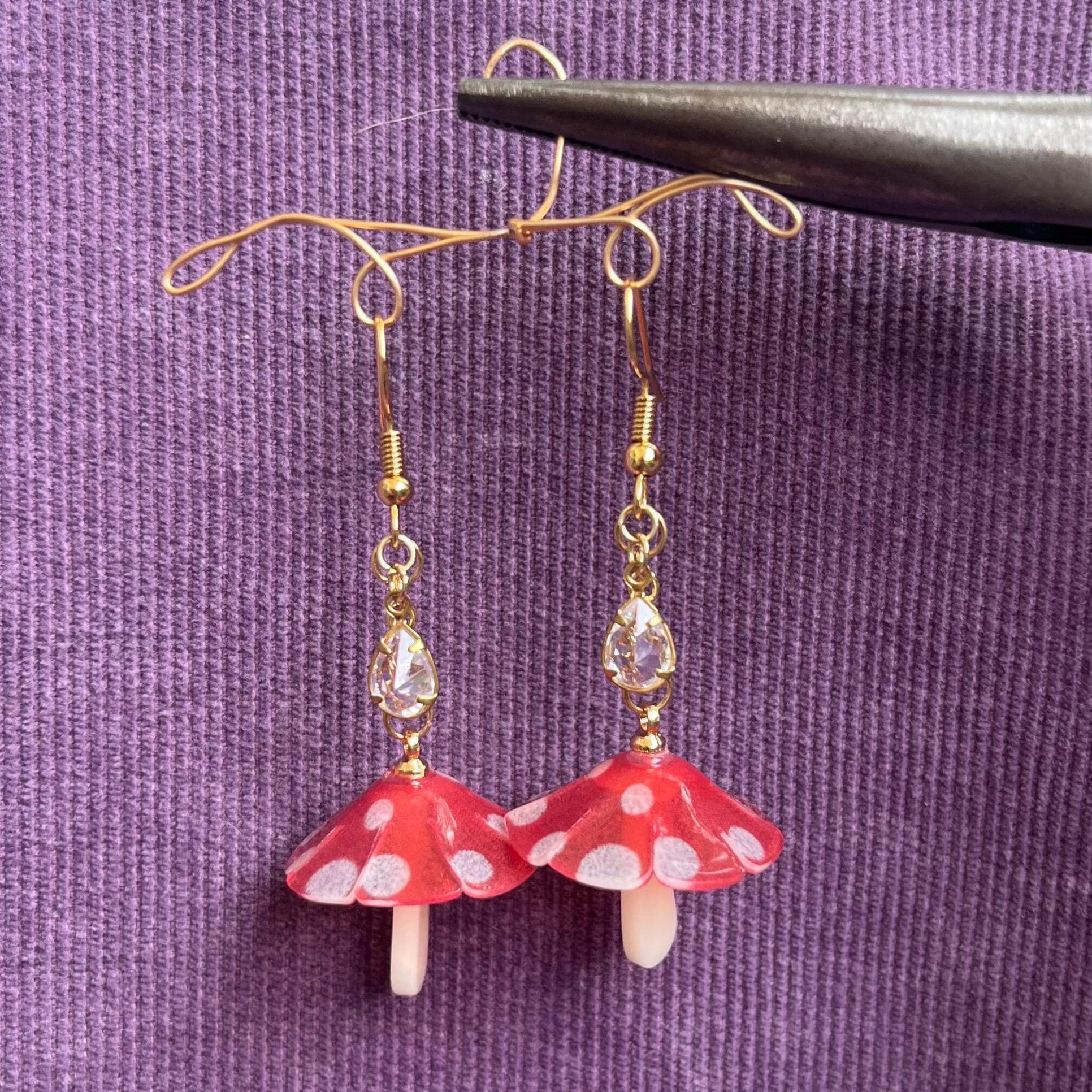 Toadstool Teardrop Earrings: Mushroom Dangle Earrings with Crystal Beading