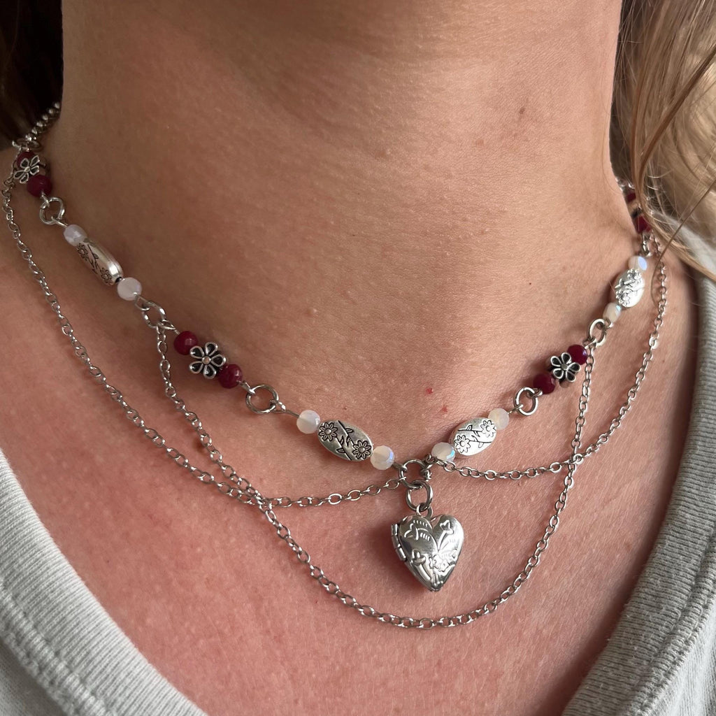 Silver Secret: Silver Locket Necklace with Silver Chain and Flower Beading