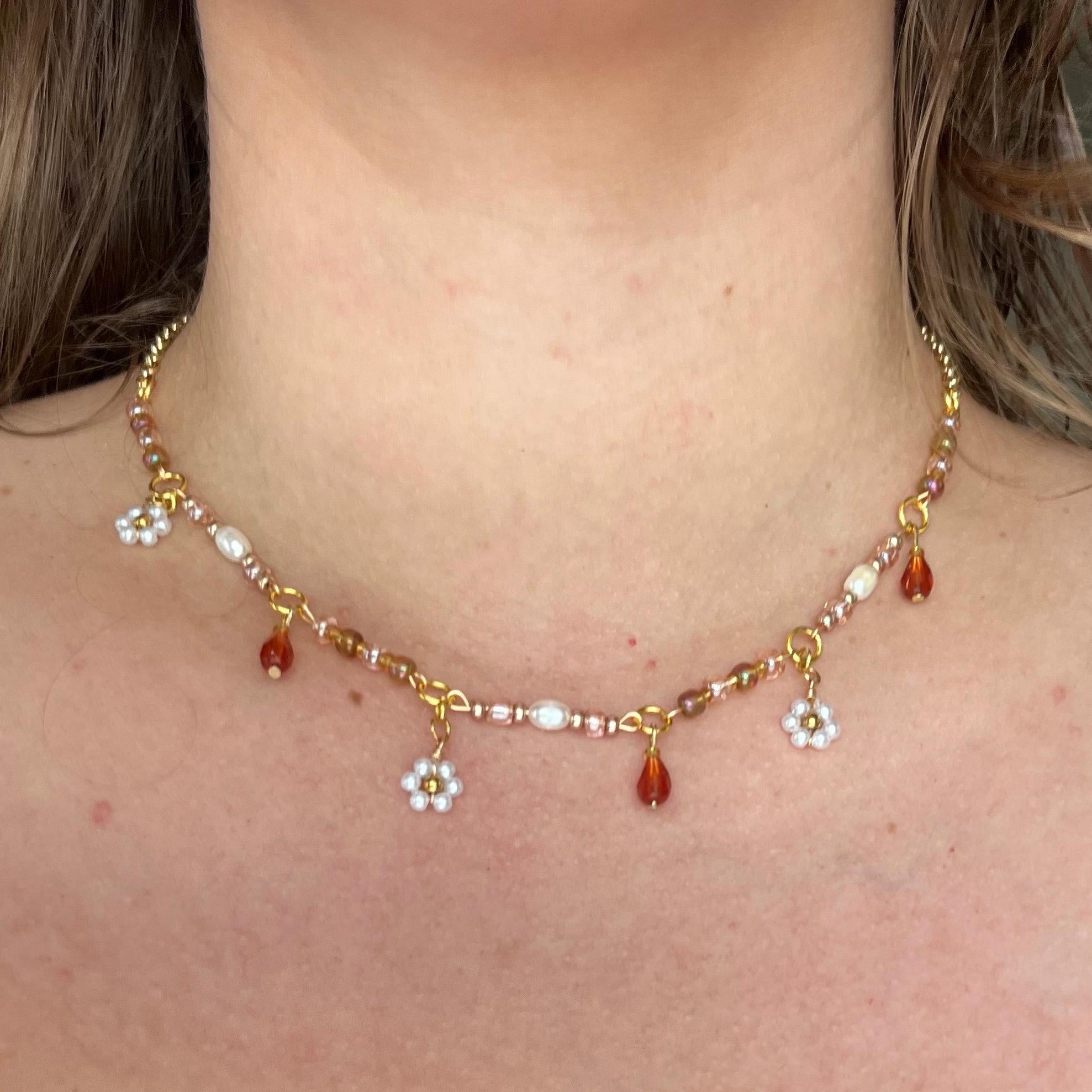 Sakura Fields Forever: Gold chain choker necklace with white flower beading