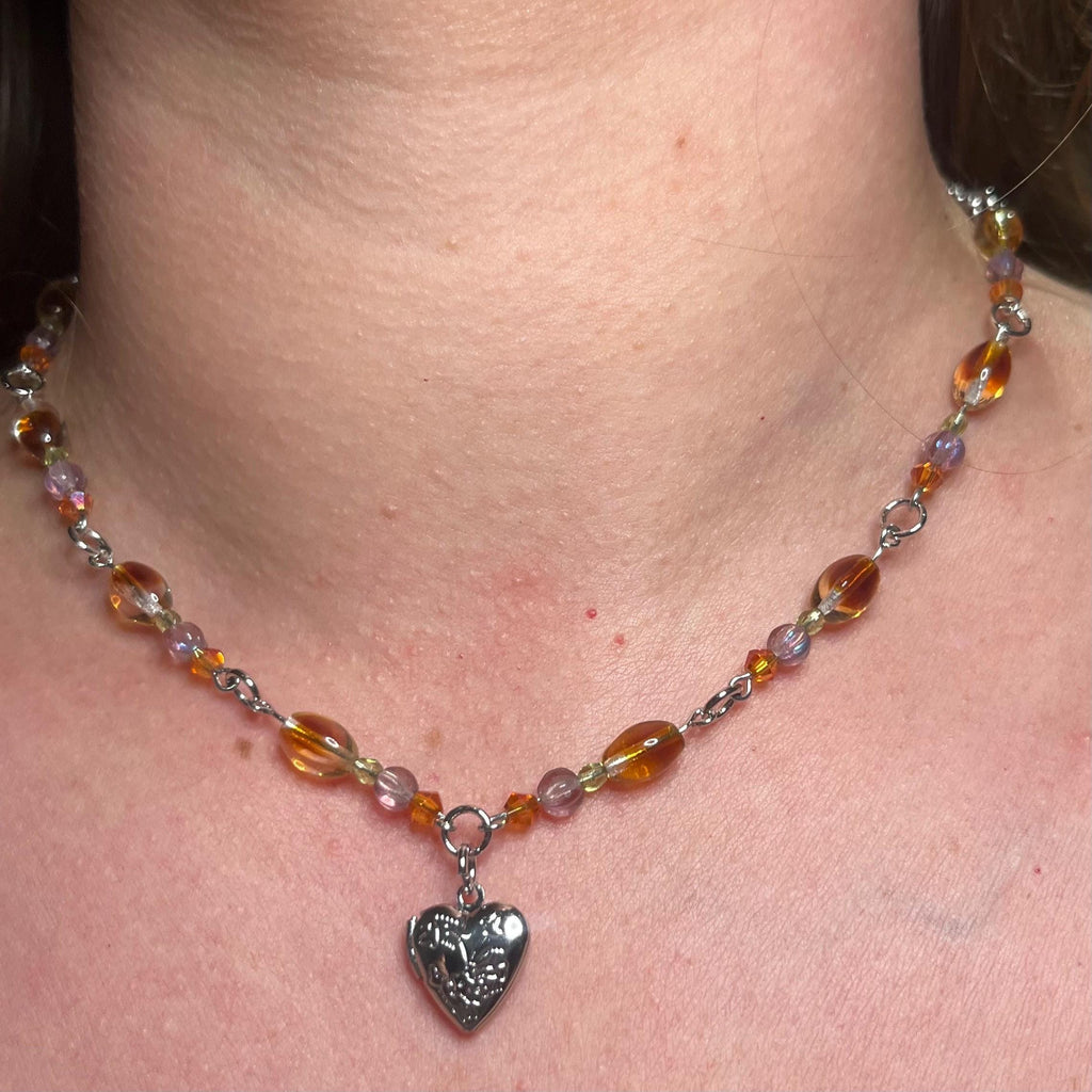 Pixie-Pocket Locket Necklace: Silver Locket Necklace with Earthy Toned Beading