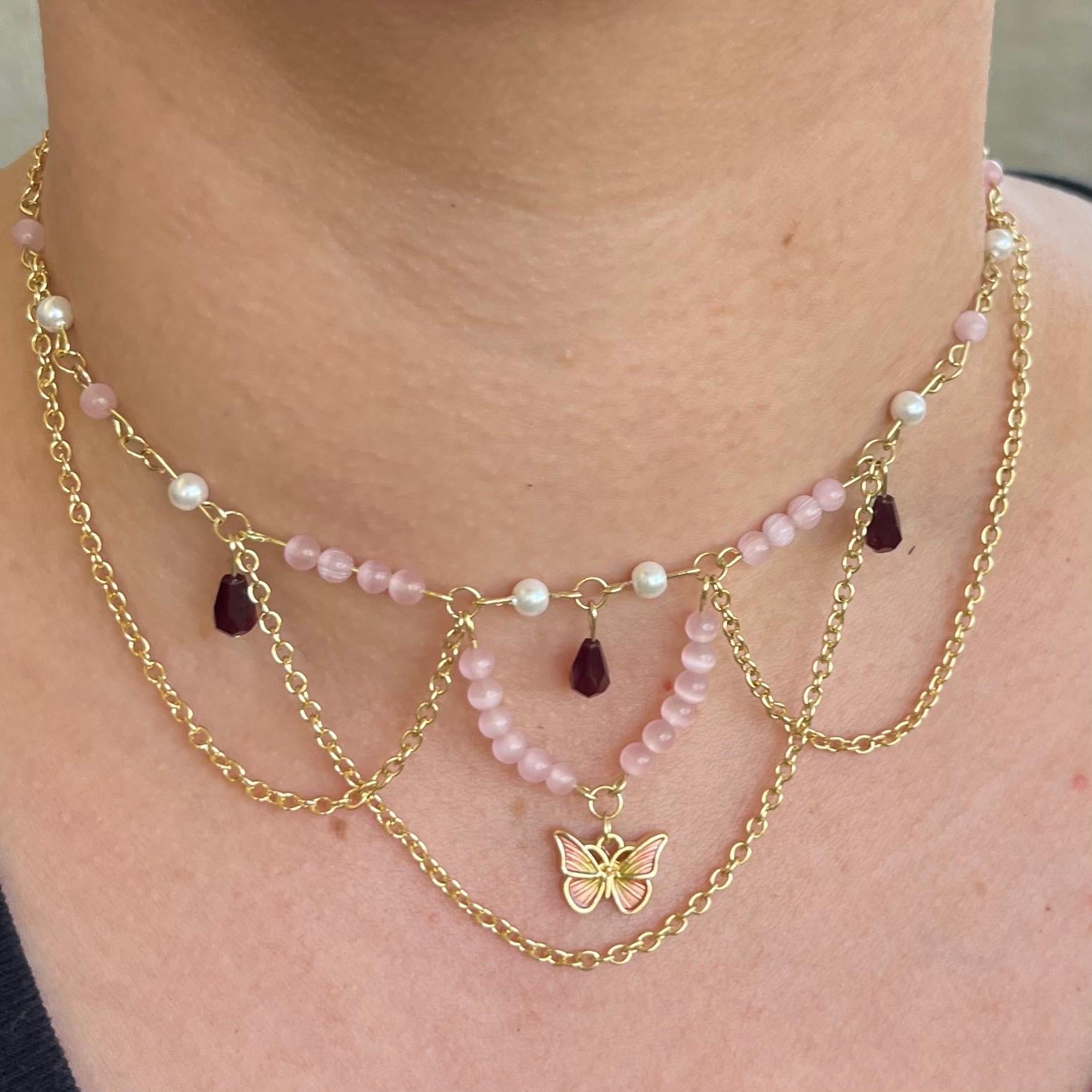 Monarch Melody: Butterfly Choker with Chain and Pink/Pearl Beading