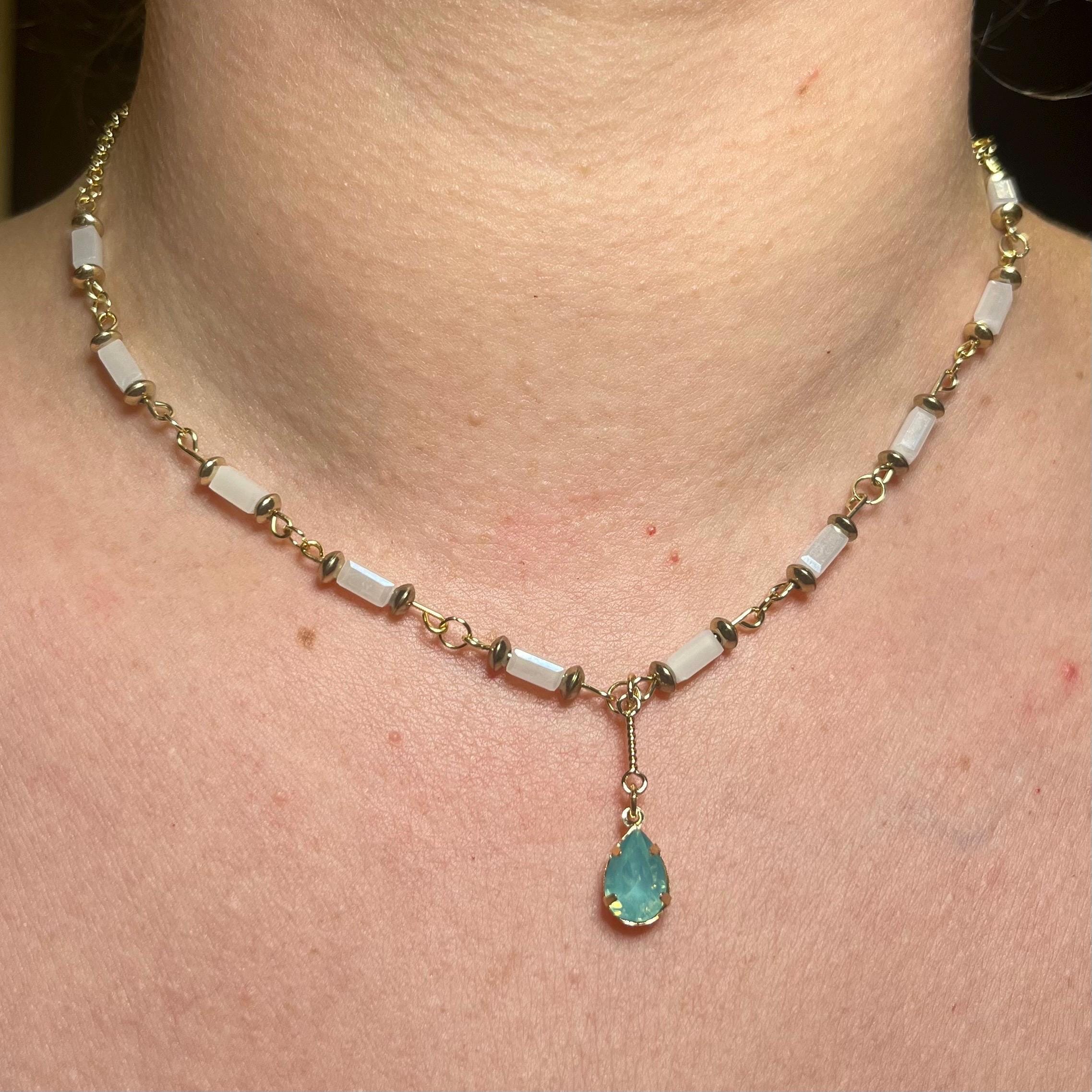 Mermaid Teardrop: White and Gold Beaded Necklace with Light Blue Jewel Pendant