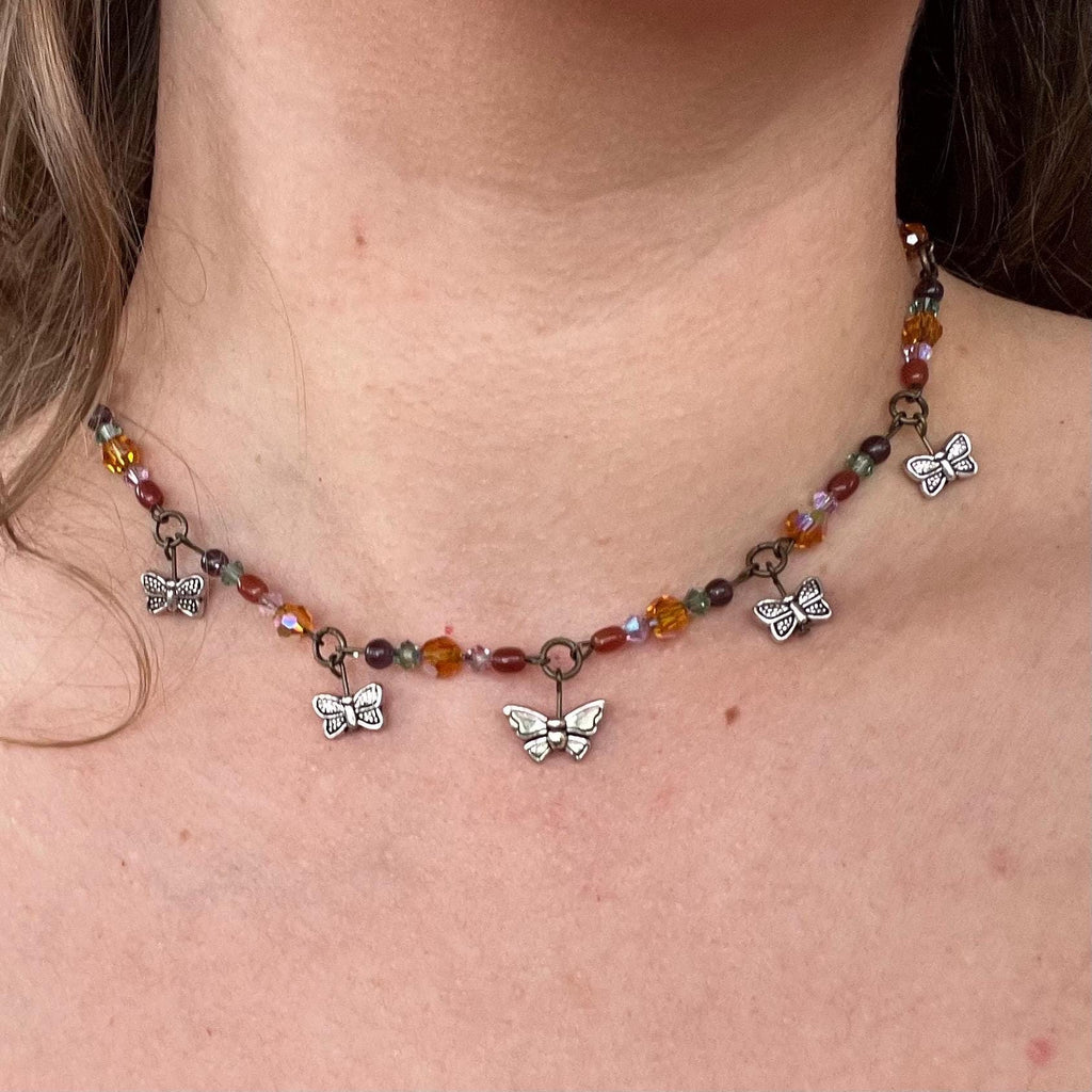 Fairy Flutter Necklace: Silver Butterfly/Bug Beads with Sparkly Beading