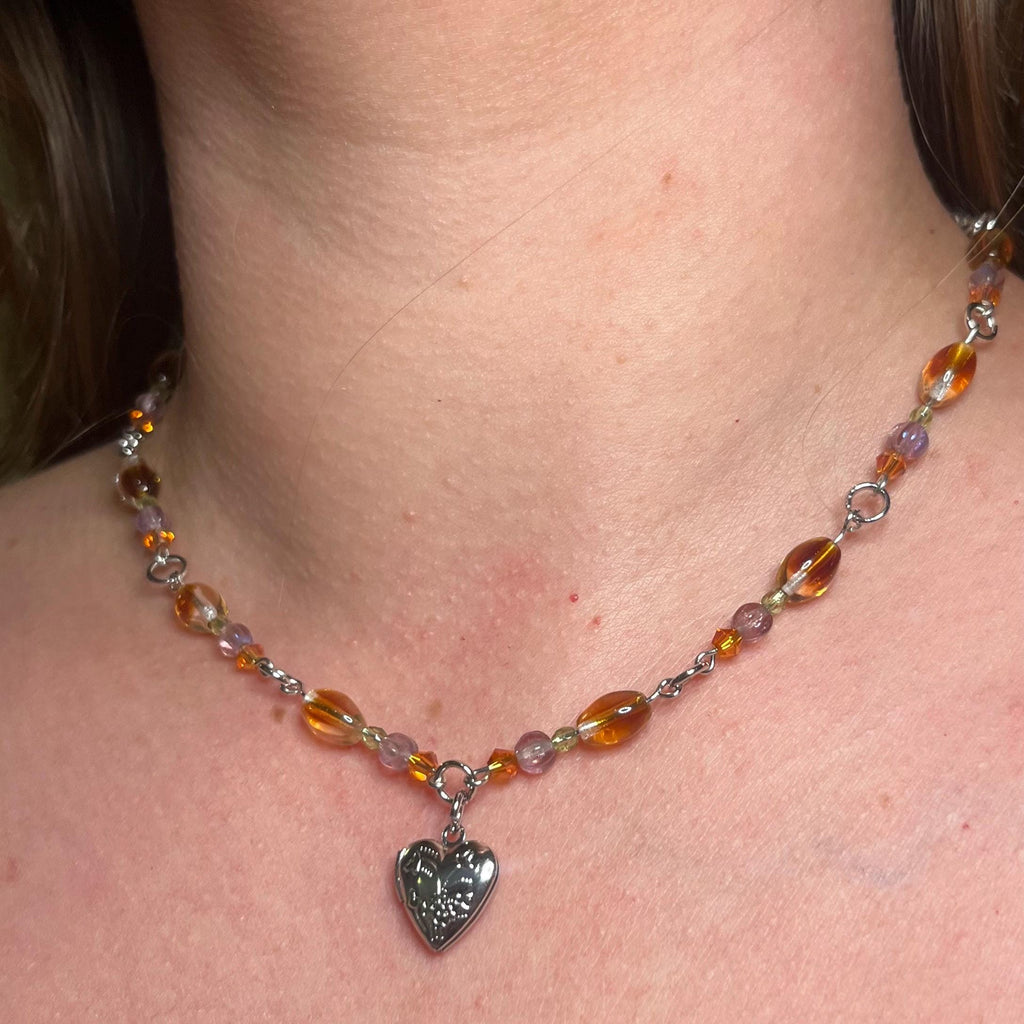 Pixie-Pocket Locket Necklace: Silver Locket Necklace with Earthy Toned Beading