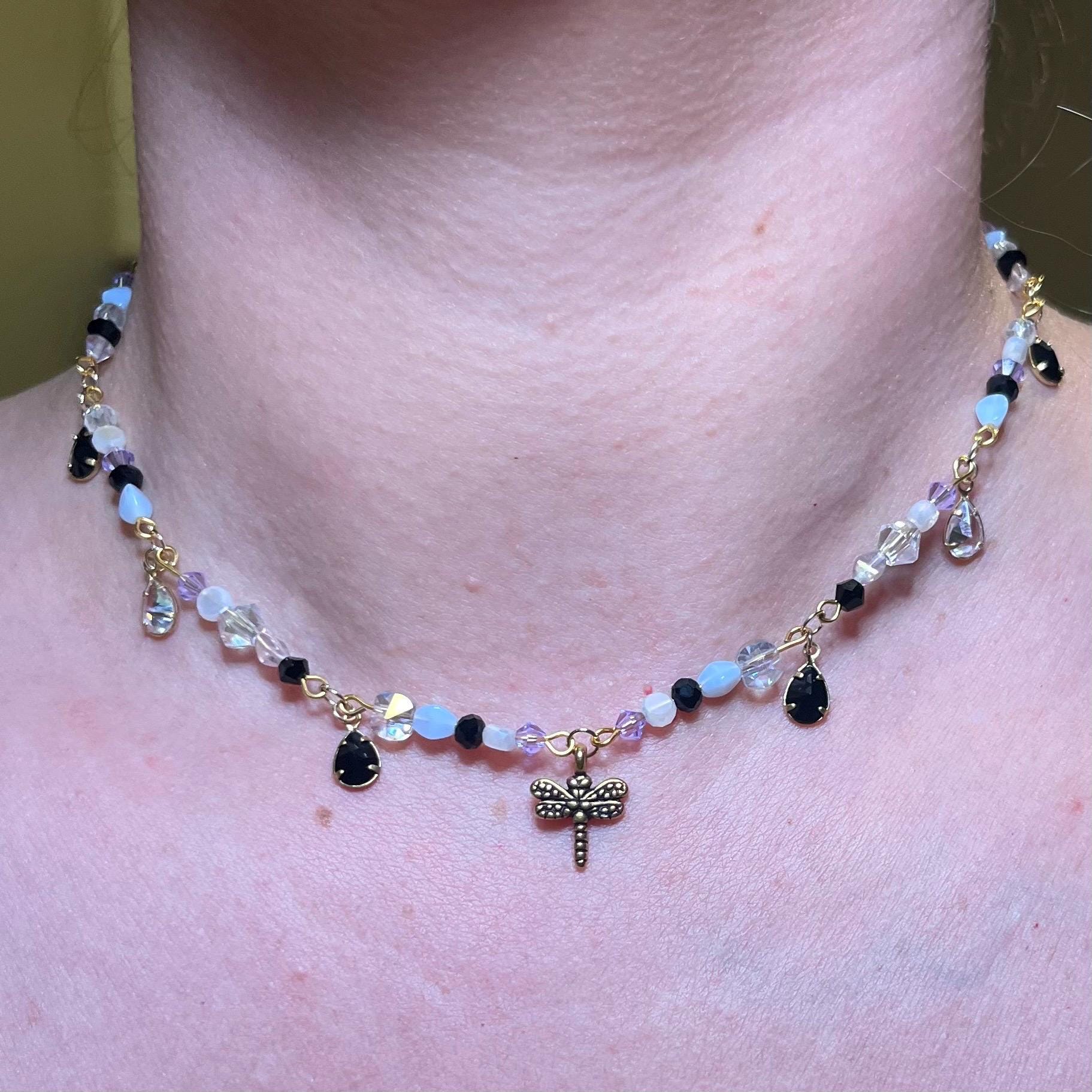Midnight Meadow Necklace: Purple, Blue, and Black Beading with Dragonfly Pendant