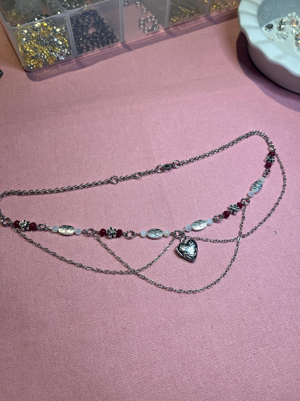 Silver Secret: Silver Locket Necklace with Silver Chain and Flower Beading