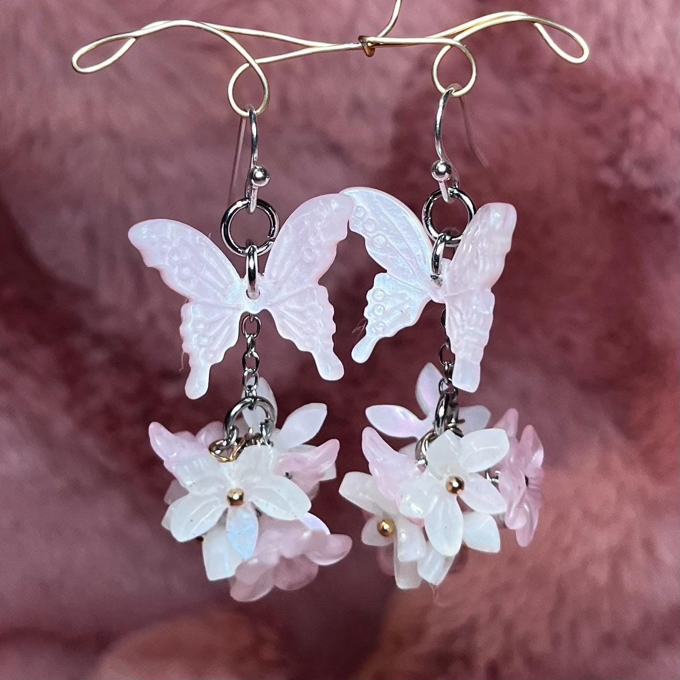 Butterfly Bloom Earrings: Pink Pastel Butterfly Earrings with Pink and White Flower Cluster