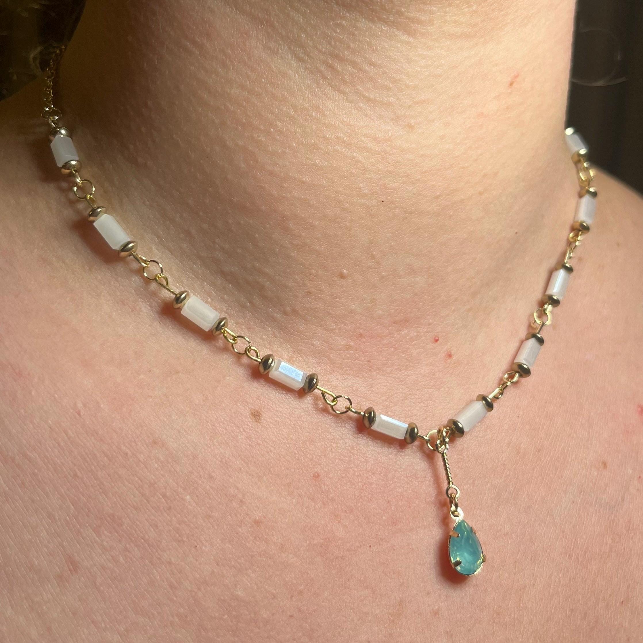 Mermaid Teardrop: White and Gold Beaded Necklace with Light Blue Jewel Pendant
