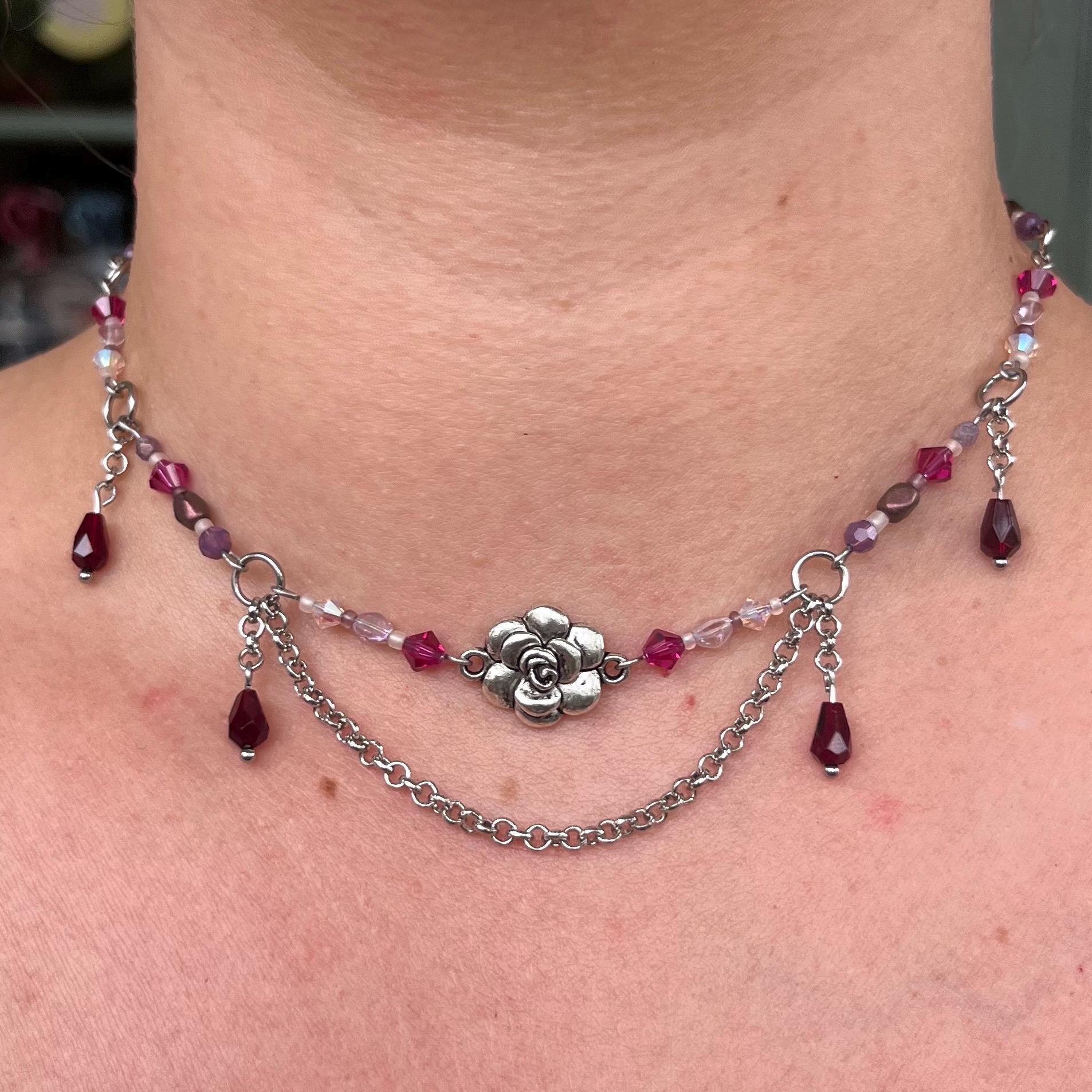 Fuchsia Fields: Pink/Fuchsia, Maroon, and Purple Beaded Choker Necklace with Silver Flower