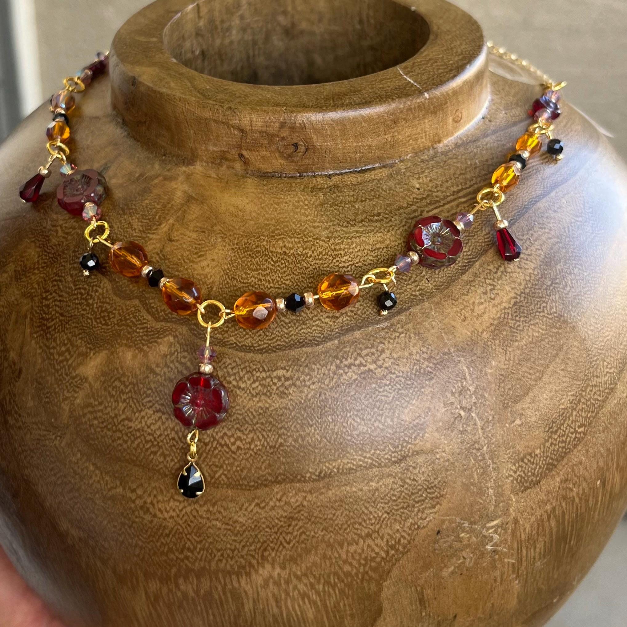 Red Flower: Maroon and Orange Gold Choker Necklace