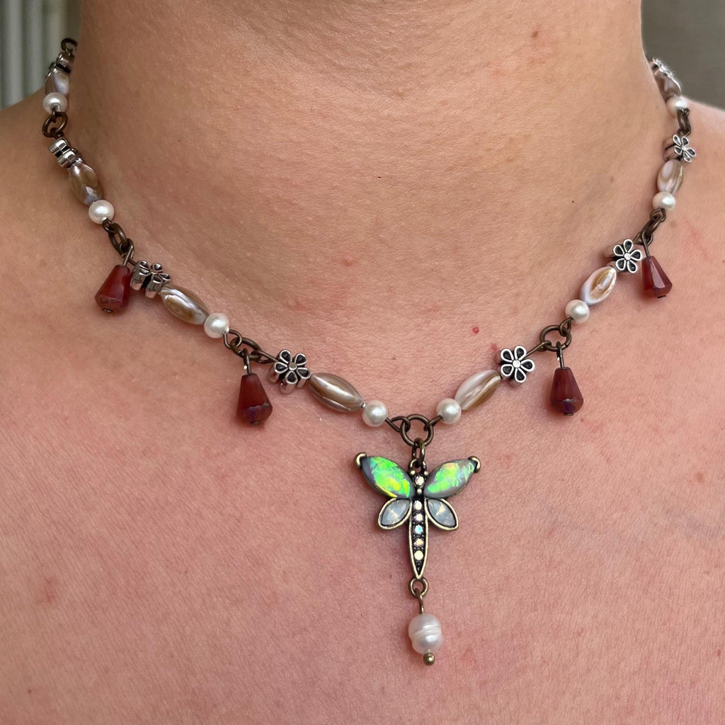Winged Whisper: Opaline Dragonfly Necklace with Flower Beading