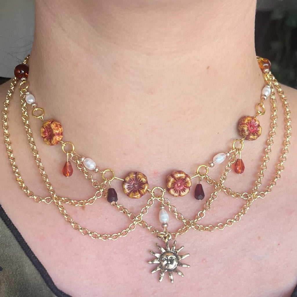 Amber Sol: Orange, Maroon, Sun Choker with Gold Chain