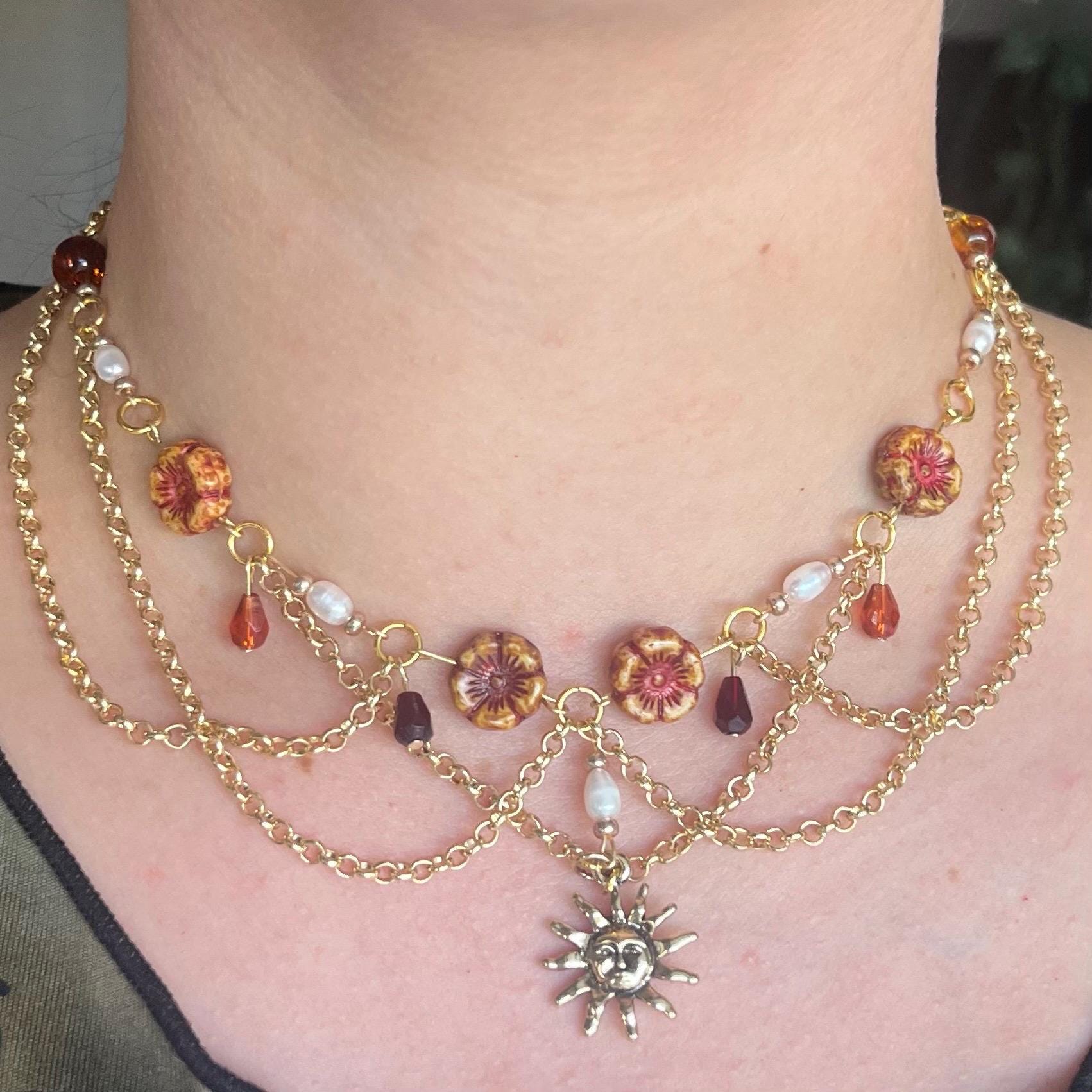 Amber Sol: Orange, Maroon, Sun Choker with Gold Chain