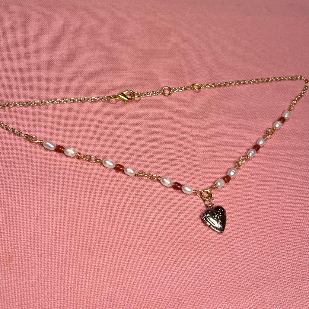 Heart of Gold Locket Necklace: With Freshwater Pearls and Amber Beading