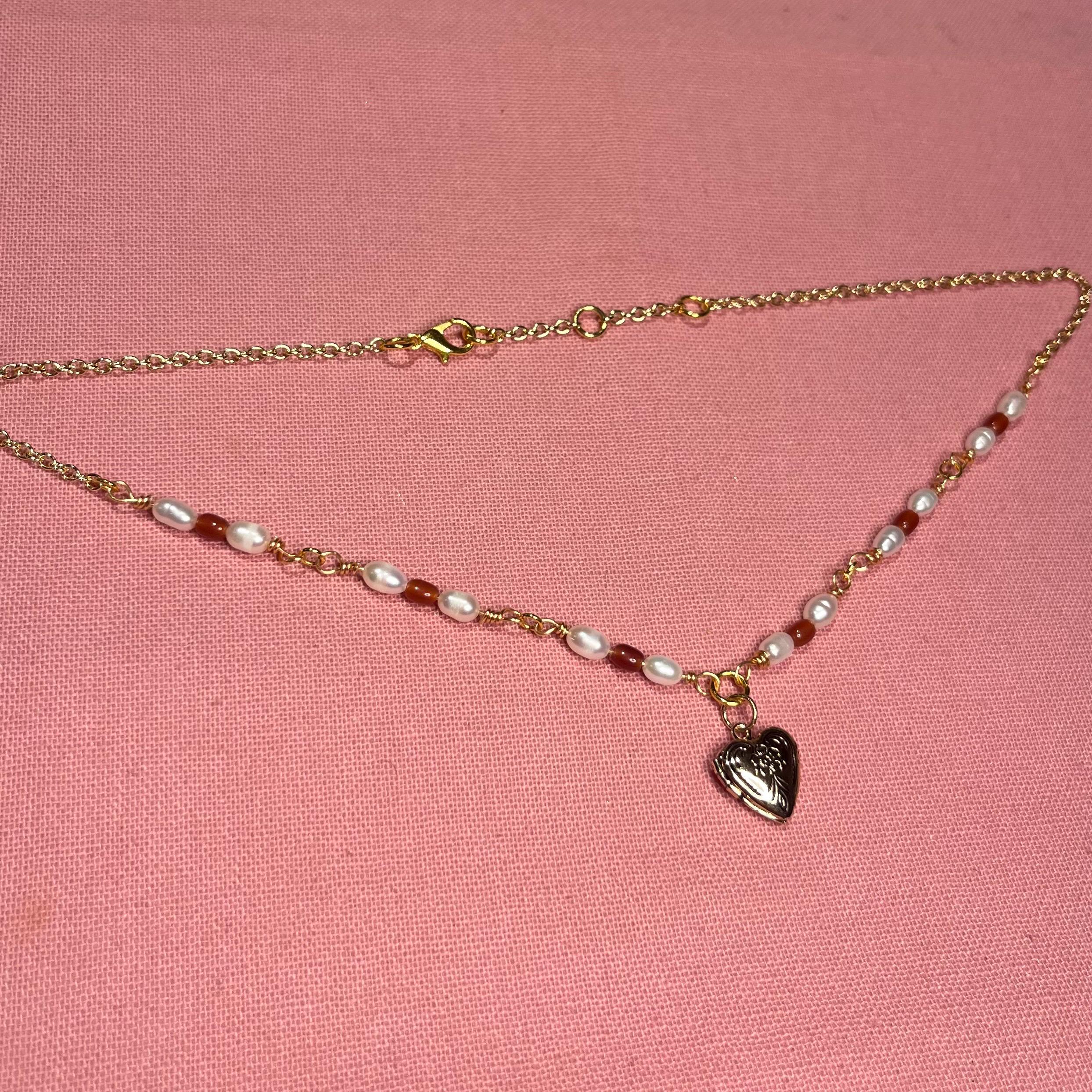 Heart of Gold Locket Necklace: With Freshwater Pearls and Amber Beading