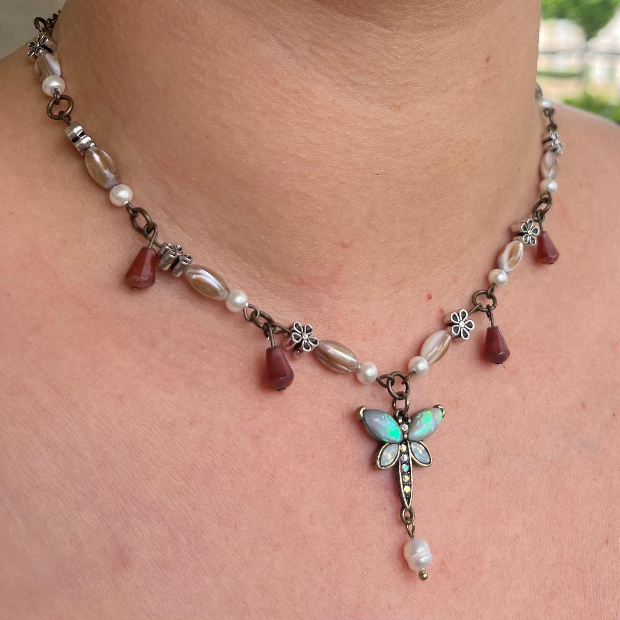 Winged Whisper: Opaline Dragonfly Necklace with Flower Beading