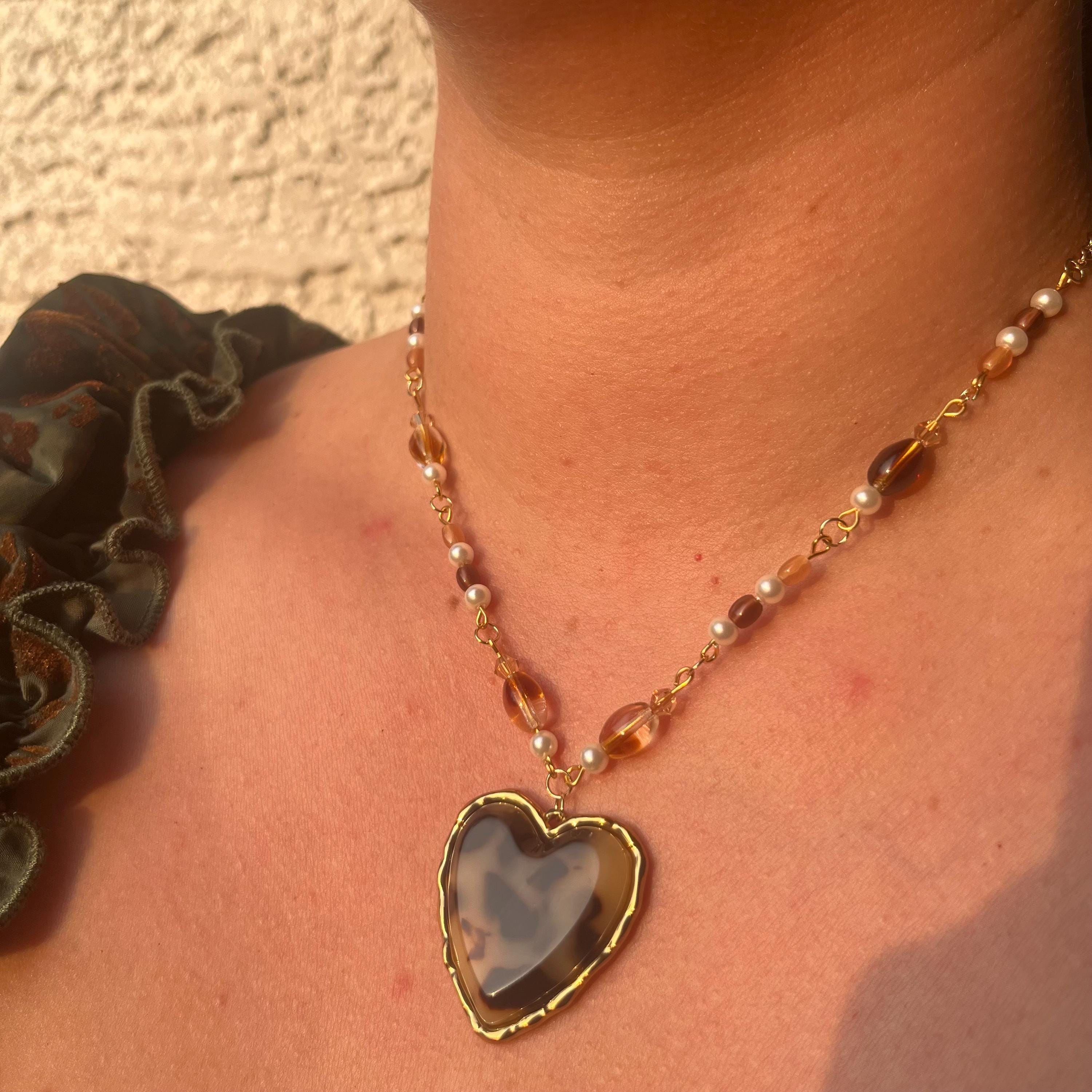 Honey-Bee Heart Necklace: Tortoise Shell Heart Necklace with Faux Pearl and Earth Tone Beading