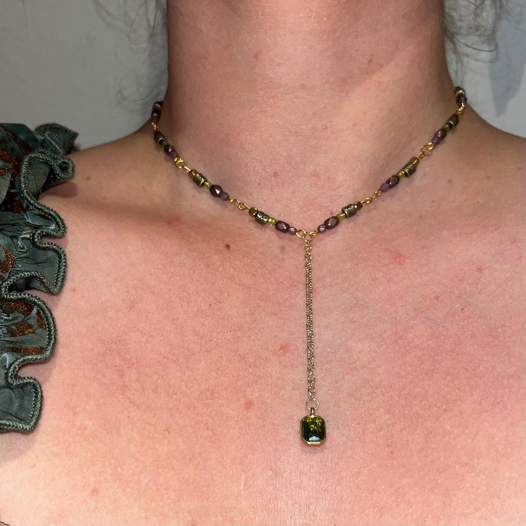 Sage Dewdrop Choker Necklace: Green Jewel Pendant Necklace with Gold, Purple, and Green Beading