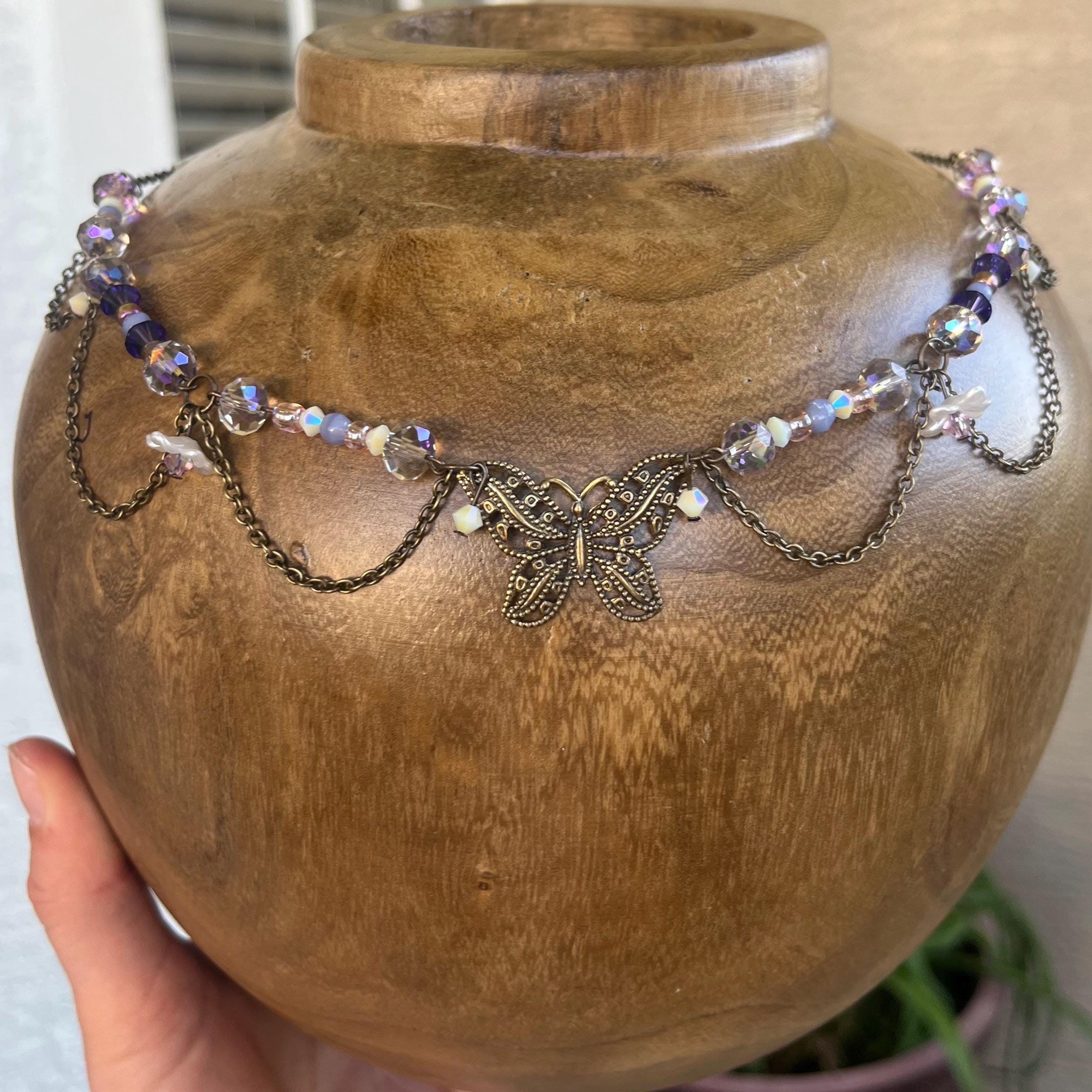 Purple Beaded Butterfly Pendant Choker Necklace
