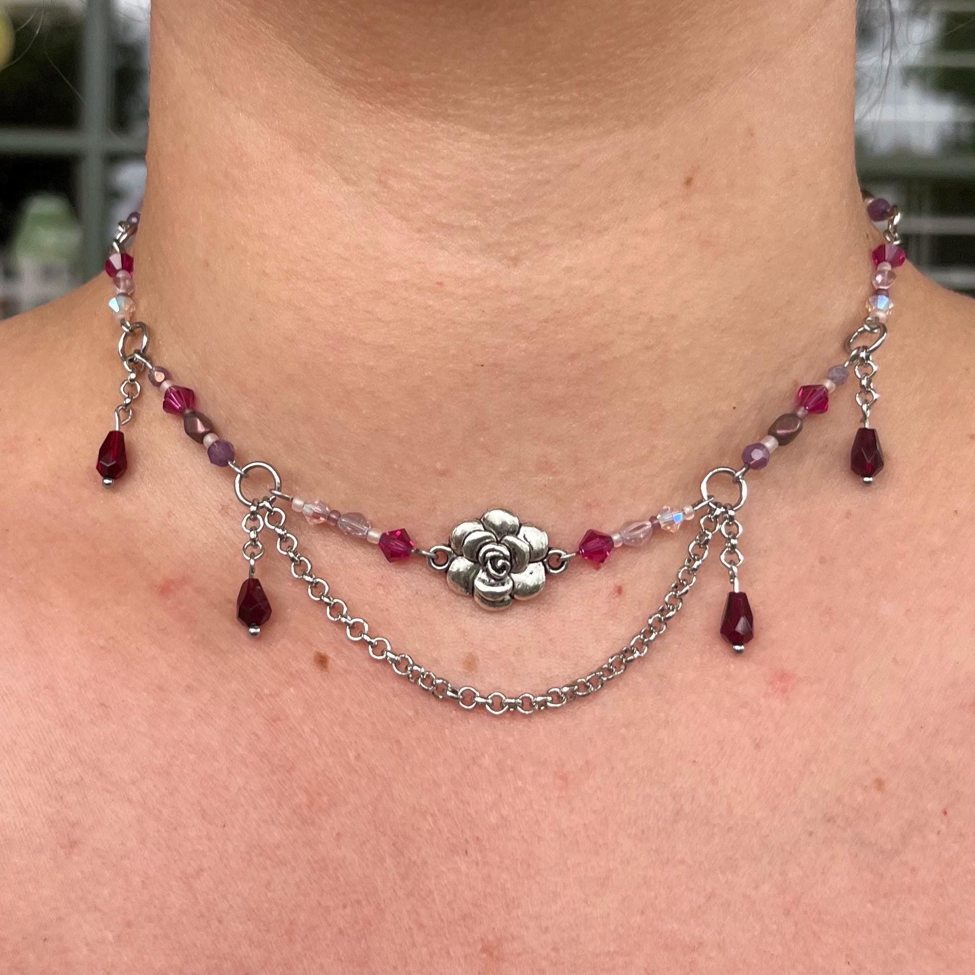 Fuchsia Fields: Pink/Fuchsia, Maroon, and Purple Beaded Choker Necklace with Silver Flower