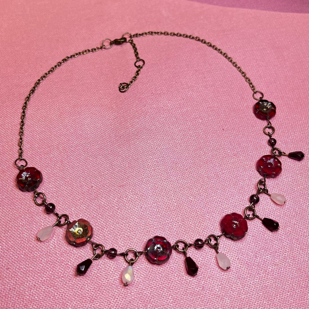 Red Flower Choker with White, Purple and Maroon beading