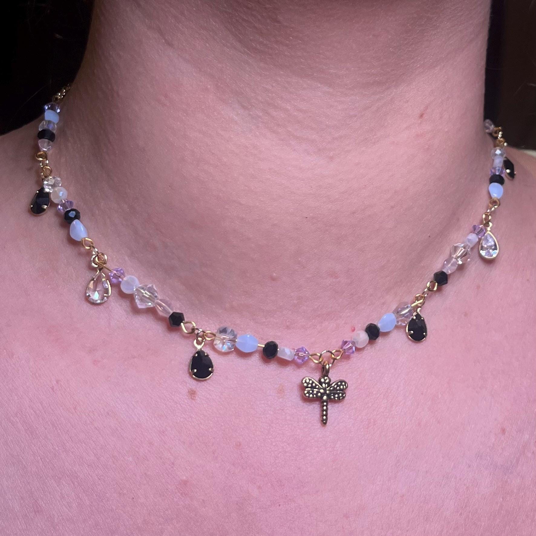 Midnight Meadow Necklace: Purple, Blue, and Black Beading with Dragonfly Pendant
