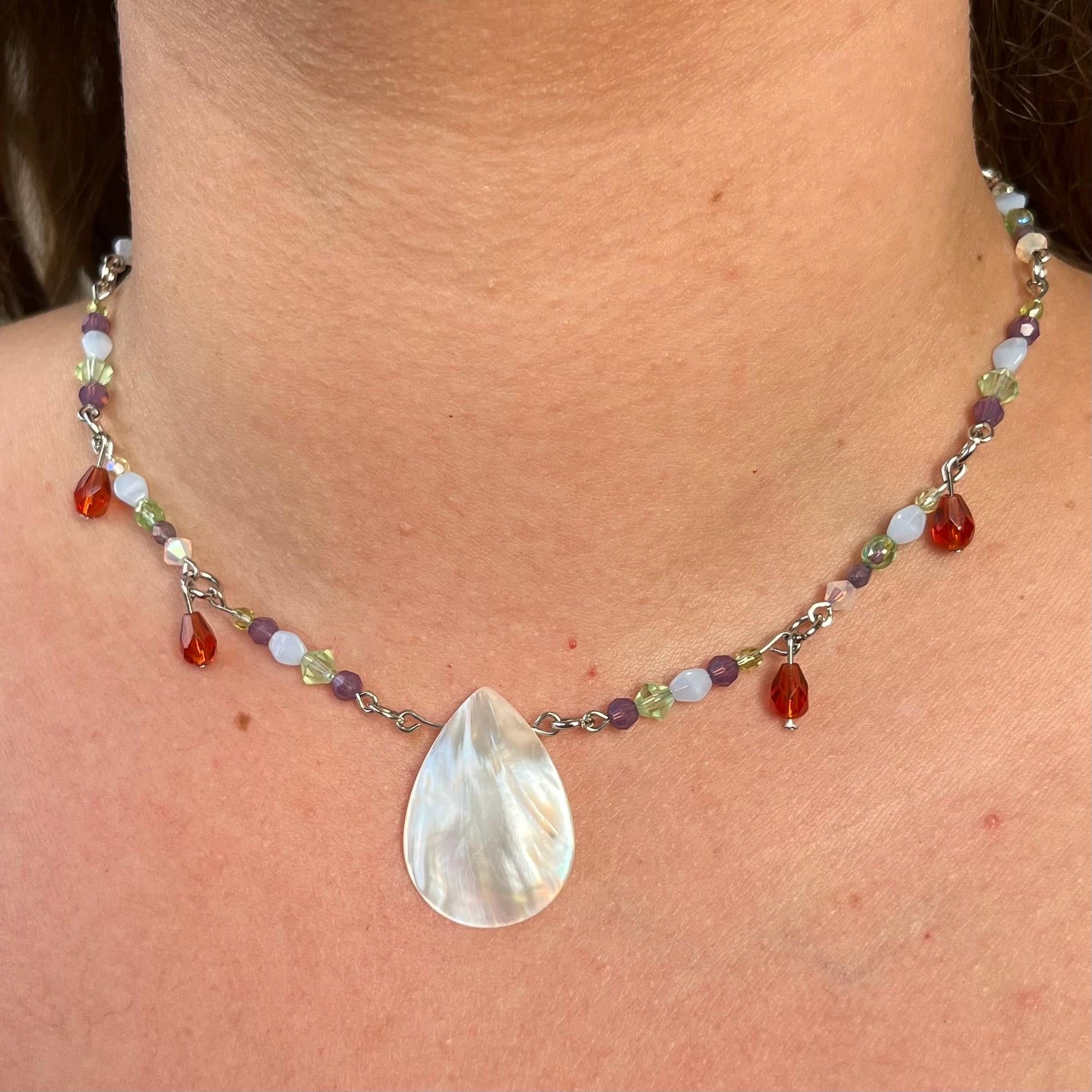 Ariel’s Treasure Pearl Necklace Mother of Pearl Necklace with Green and Purple Swarovski Beading
