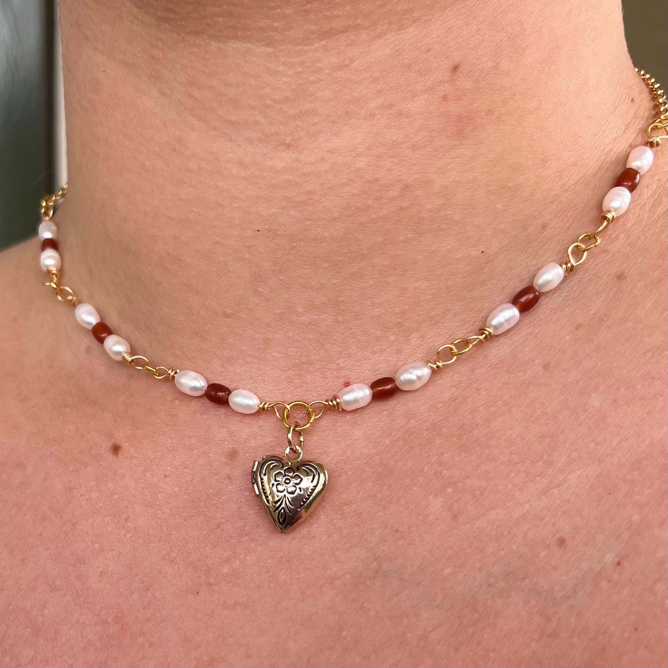 Heart of Gold Locket Necklace: With Freshwater Pearls and Amber Beading