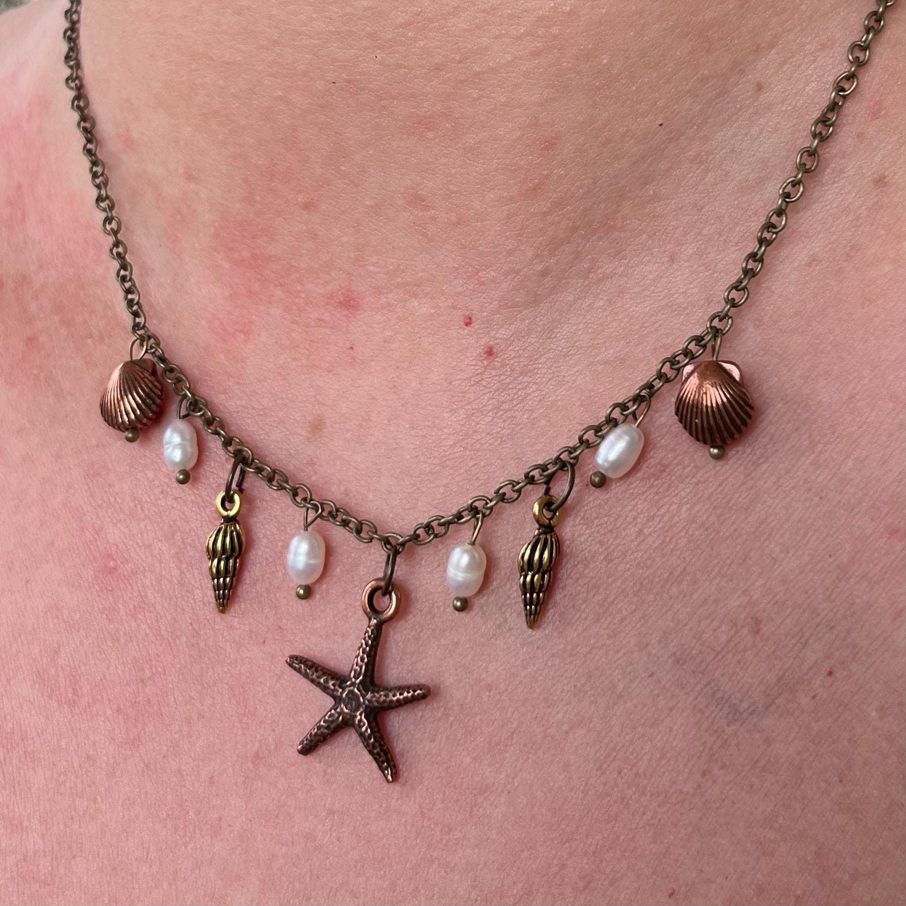 Ocean Treasures Necklace: Starfish and Shell Pendants with Freshwater Pearls